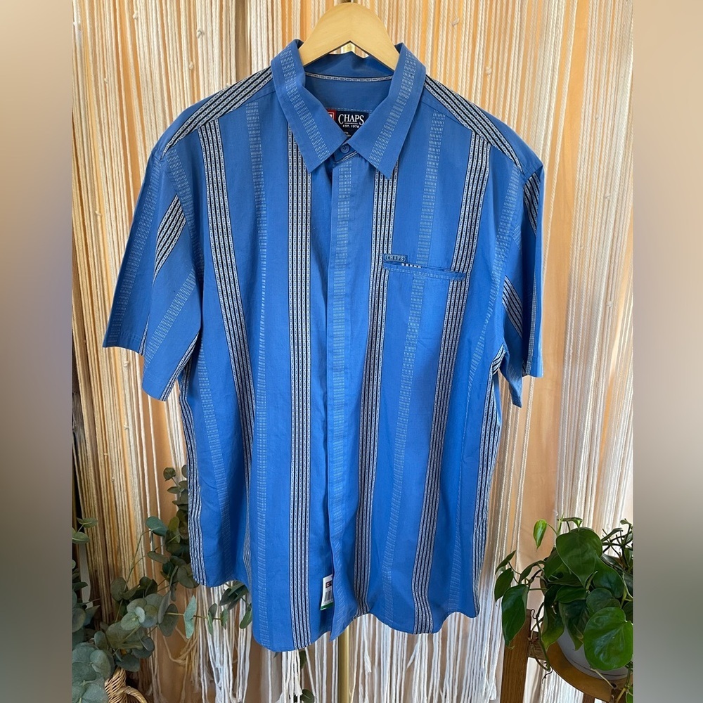 NWT Chaps blue short-sleeve button-down shirt vertical stripes & chest pocket. - Picture 8 of 11